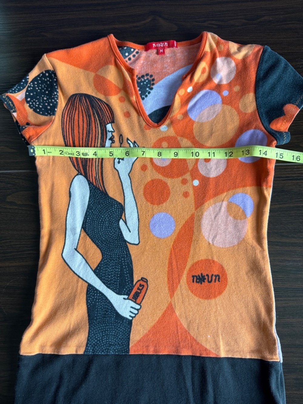 Retro Graphic V-Neck Women’s Top in Orange by - Picture 4 of 5